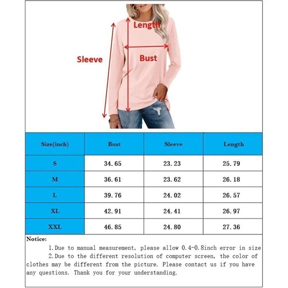 Blmfaion Womens  Long Sleeve Tunics Tops Casual Crew Neck Shirts Loose Fit- Blue - Picture 3 of 3